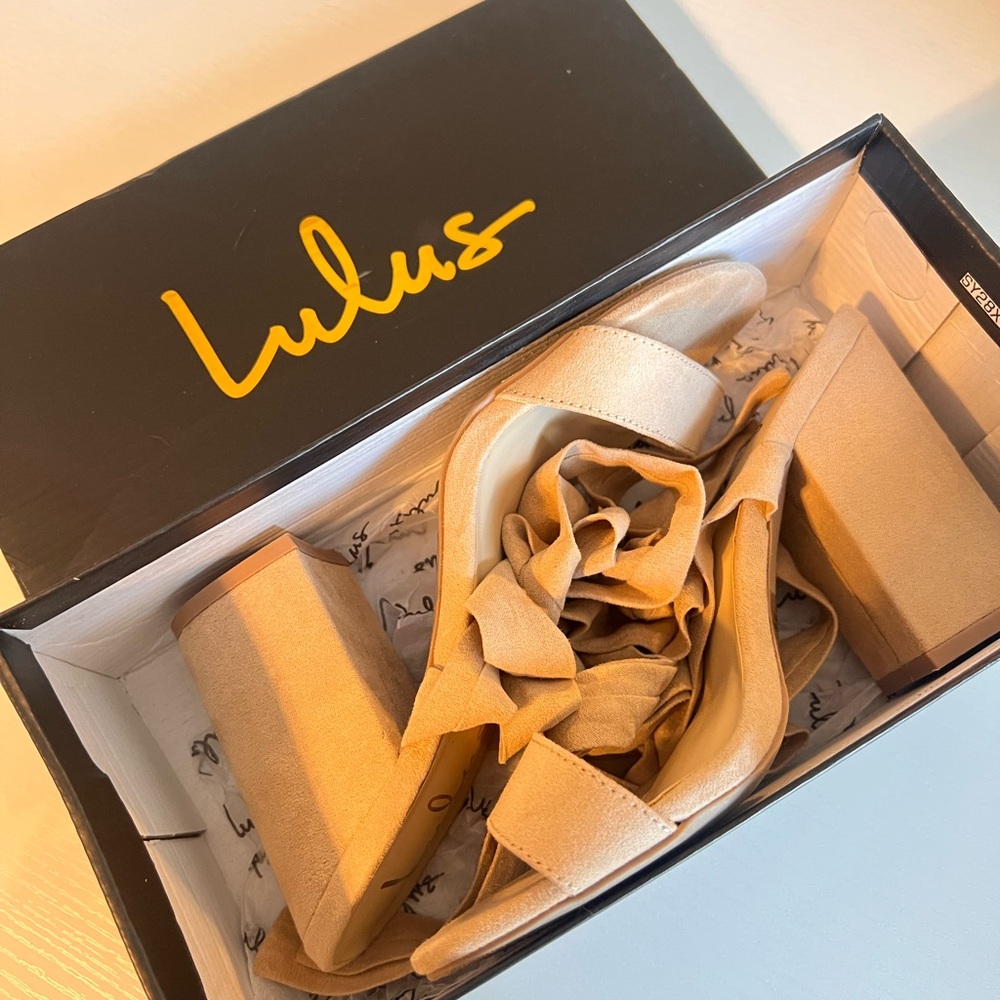 Lulu's Light Nude Suede Lace-Up Block Heels - Picture 2 of 3